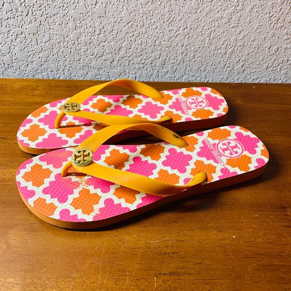 Tory Burch Womens Pink & Yellow Geometric Preppy Chic Flip Flop Sandal Size 8 - Picture 1 of 11